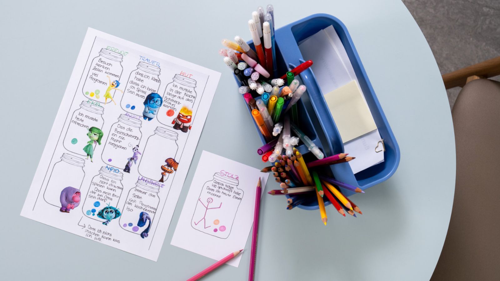 Graf uses worksheets with the cartoon characters that represent various emotions such as joy, pride, disgust, sadness and anger. The young patients can fill the emotional jars with thoughts and scribbles to describe how they are feeling.